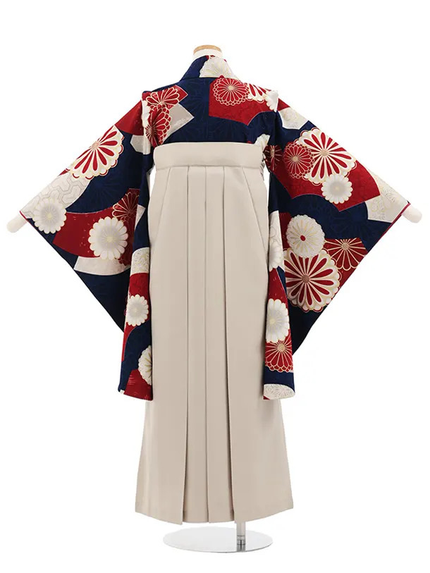 小学生卒業式かんたん袴(女の子)Z816 ジャパンスタイル紺赤菊×ベージュ