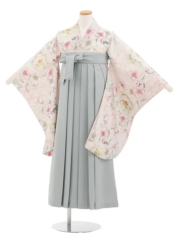 小学生卒業式かんたん袴(女の子) Z817 ジャパンスタイル淡パープル花×グレー