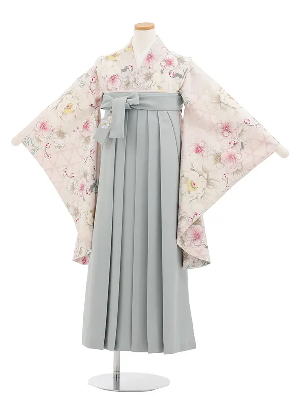 小学生卒業式かんたん袴(女の子) Z817 ジャパンスタイル淡パープル花×グレー