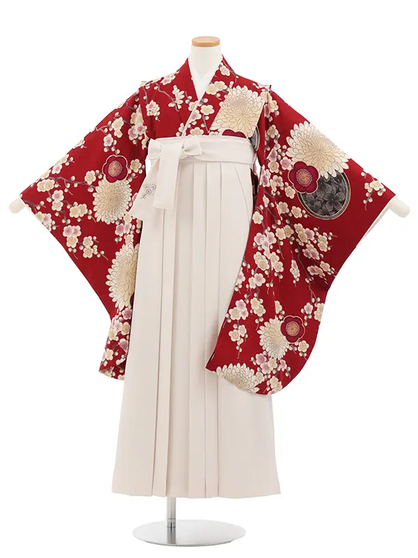 小学生卒業式かんたん袴(女の子) Z819 九重赤地梅菊×アイボリー