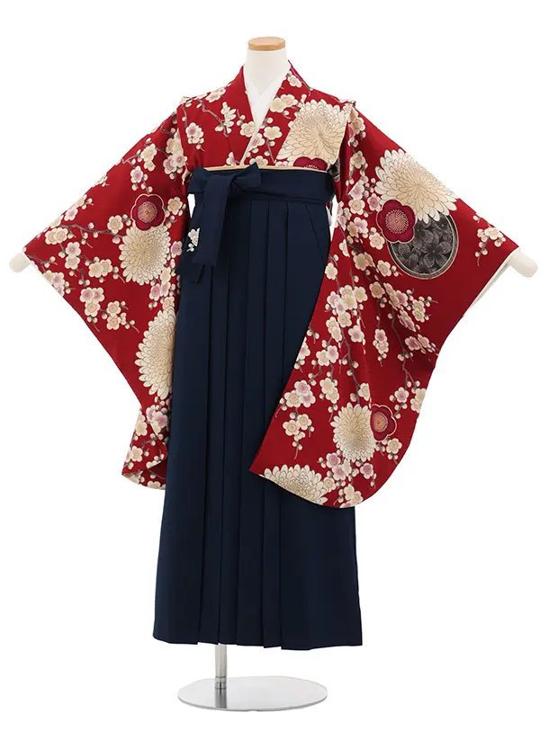 小学生卒業式かんたん袴(女の子) Z820 九重赤地梅菊×紺