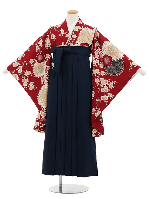 小学生卒業式かんたん袴(女の子) Z820 九重赤地梅菊×紺