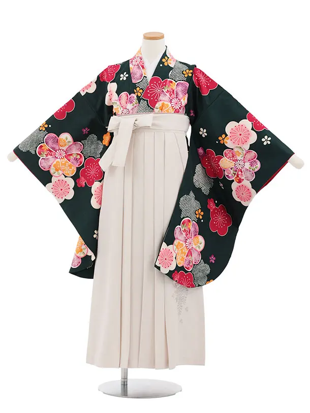 小学生卒業式かんたん袴(女の子) Z821 深緑地梅菊×アイボリー