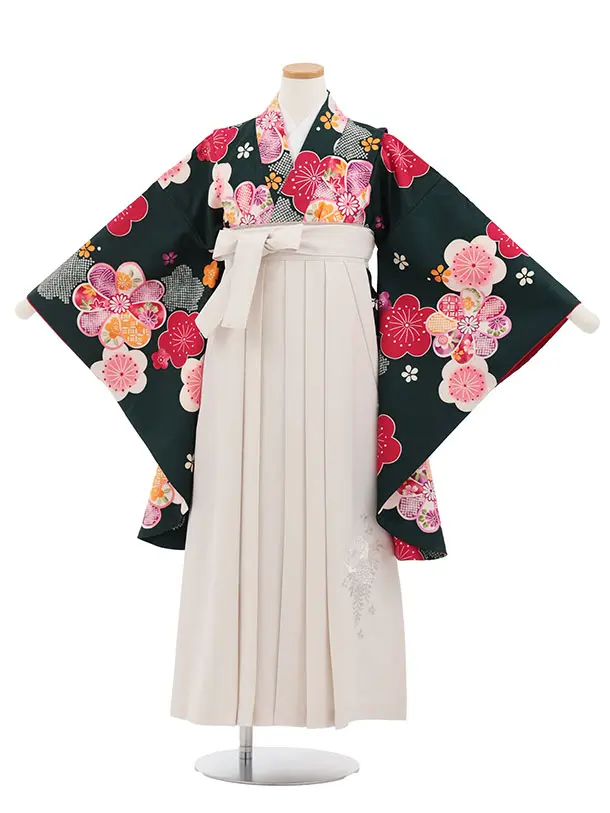 小学生卒業式かんたん袴(女の子) Z821 深緑地梅菊×アイボリー