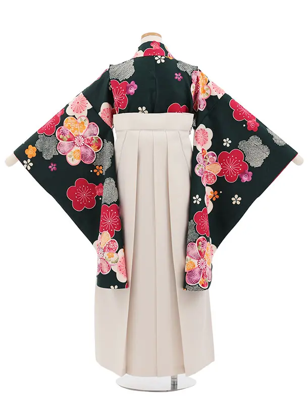 小学生卒業式かんたん袴(女の子) Z821 深緑地梅菊×アイボリー