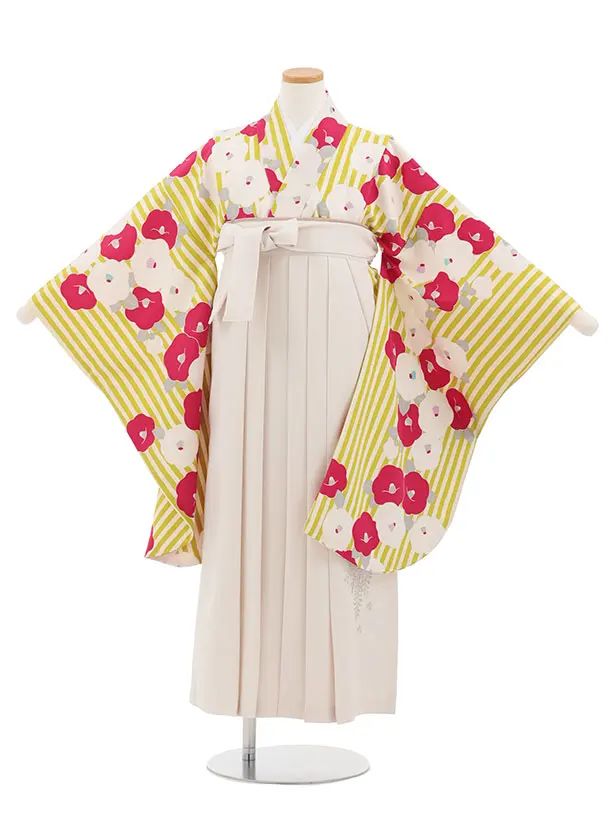 小学生卒業式かんたん袴(女の子) Z822 グリーンストライプ椿×アイボリー