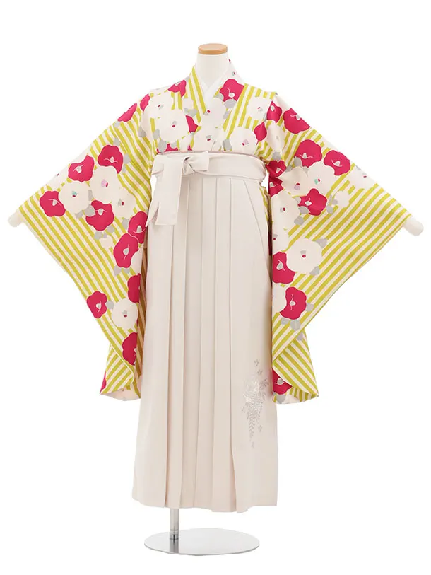 小学生卒業式かんたん袴(女の子) Z822 グリーンストライプ椿×アイボリー