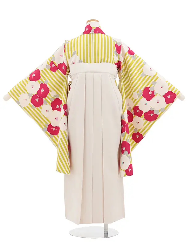 小学生卒業式かんたん袴(女の子) Z822 グリーンストライプ椿×アイボリー