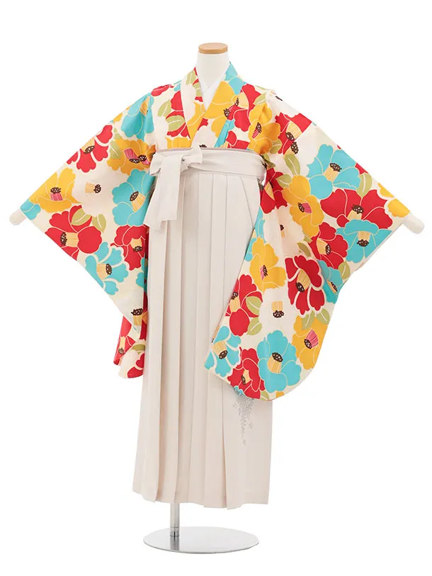 小学生卒業式かんたん袴(女の子) Z824 クリーム多色椿×アイボリー
