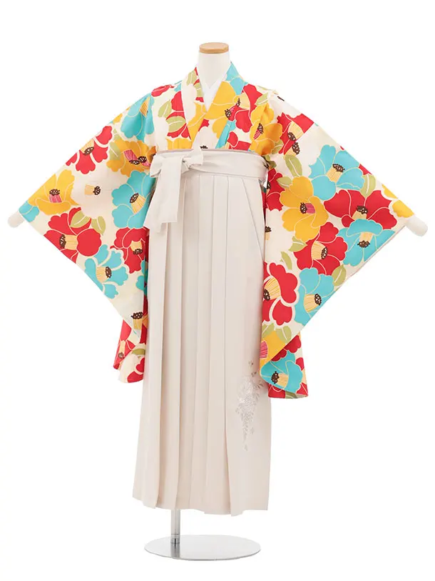 小学生卒業式かんたん袴(女の子) Z824 クリーム多色椿×アイボリー