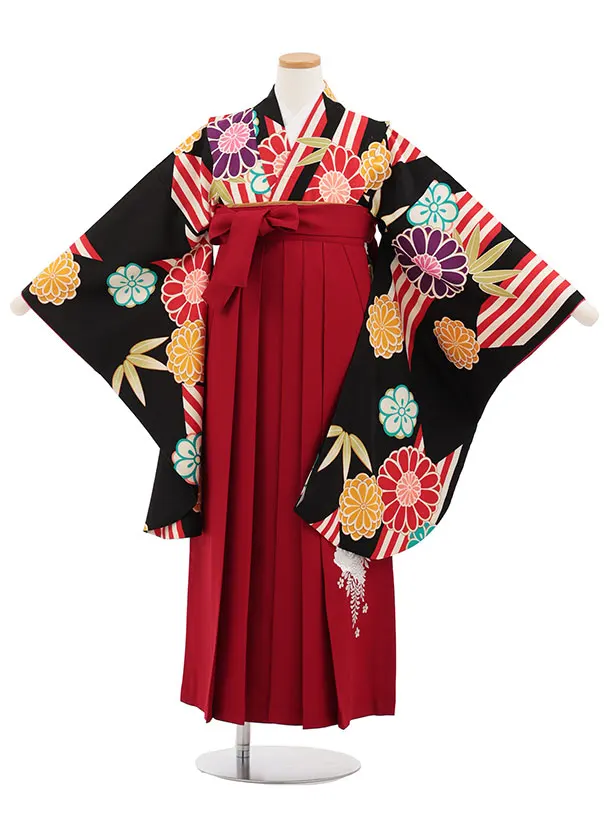 小学生卒業式かんたん袴(女の子) Z825 黒地菊梅×エンジ