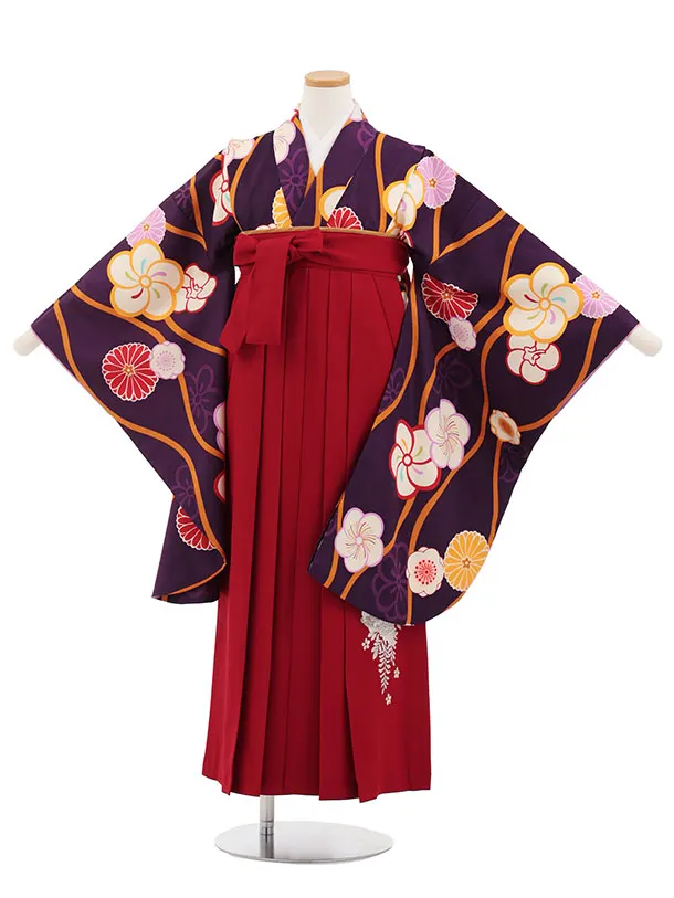 小学生卒業式かんたん袴(女の子) Z826 パープル立涌梅菊×エンジ