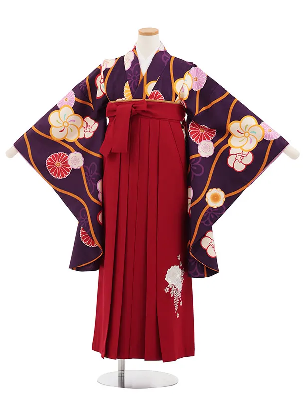 小学生卒業式かんたん袴(女の子) Z826 パープル立涌梅菊×エンジ