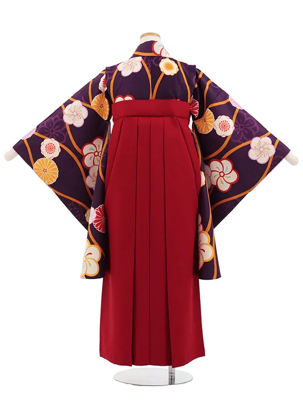 小学生卒業式かんたん袴(女の子) Z826 パープル立涌梅菊×エンジ