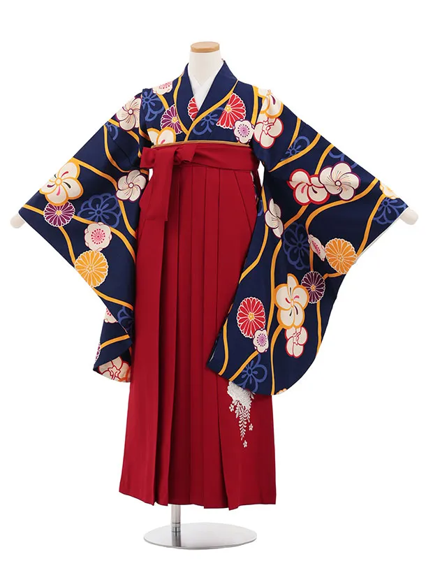 小学生卒業式かんたん袴(女の子) Z827 紺地立涌梅菊×エンジ