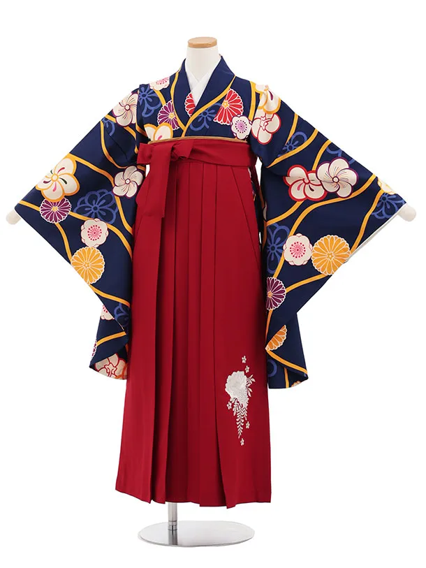 小学生卒業式かんたん袴(女の子) Z827 紺地立涌梅菊×エンジ