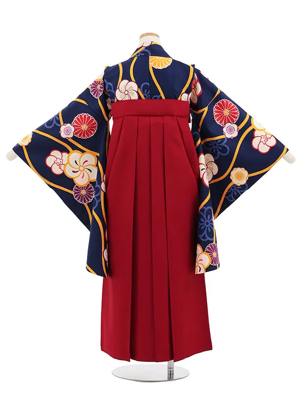 小学生卒業式かんたん袴(女の子) Z827 紺地立涌梅菊×エンジ
