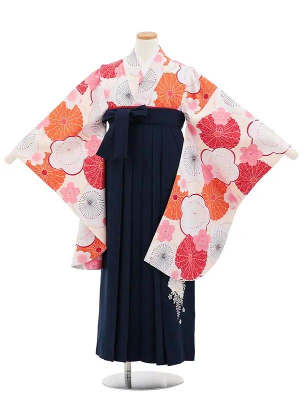 小学生卒業式かんたん袴(女の子) Z828 ピンククリーム地梅菊桜×紺