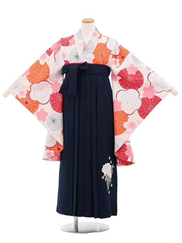 小学生卒業式かんたん袴(女の子) Z828 ピンククリーム地梅菊桜×紺