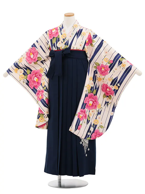 小学生卒業式かんたん袴(女の子) Z829 ピンククリーム矢絣に椿×紺