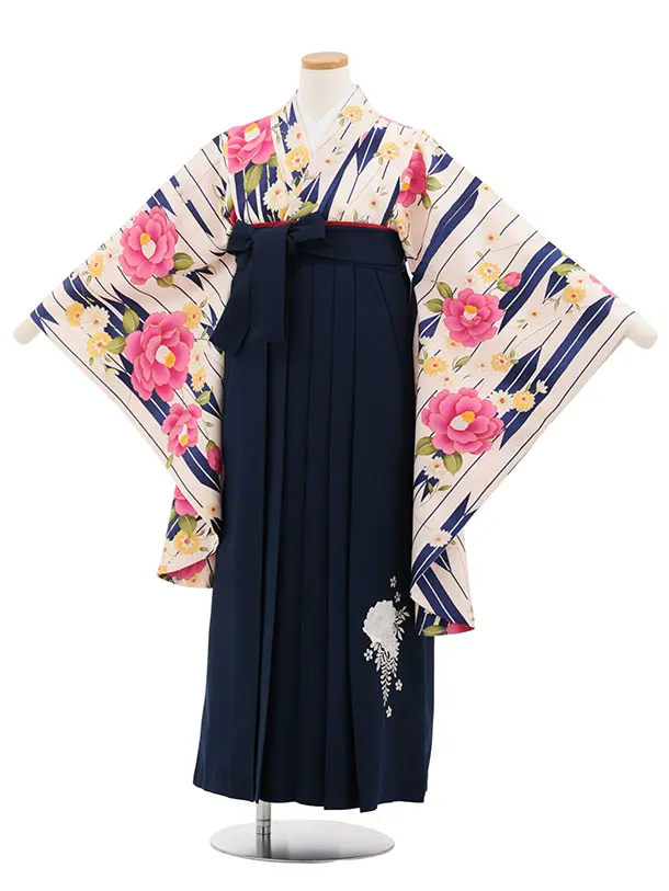 小学生卒業式かんたん袴(女の子) Z829 ピンククリーム矢絣に椿×紺