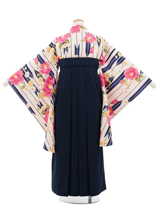 小学生卒業式かんたん袴(女の子) Z829 ピンククリーム矢絣に椿×紺