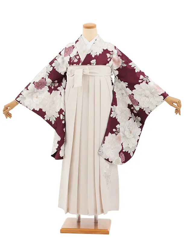 小学生卒業式かんたん袴(女の子) Z831 ボルドー牡丹×アイボリー