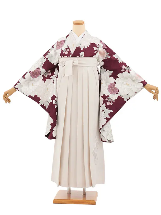 小学生卒業式かんたん袴(女の子) Z831 ボルドー牡丹×アイボリー