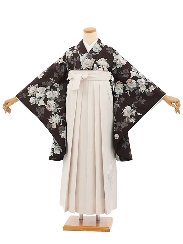 小学生卒業式かんたん袴(女の子) Z833 ブラウンパステル花×アイボリー