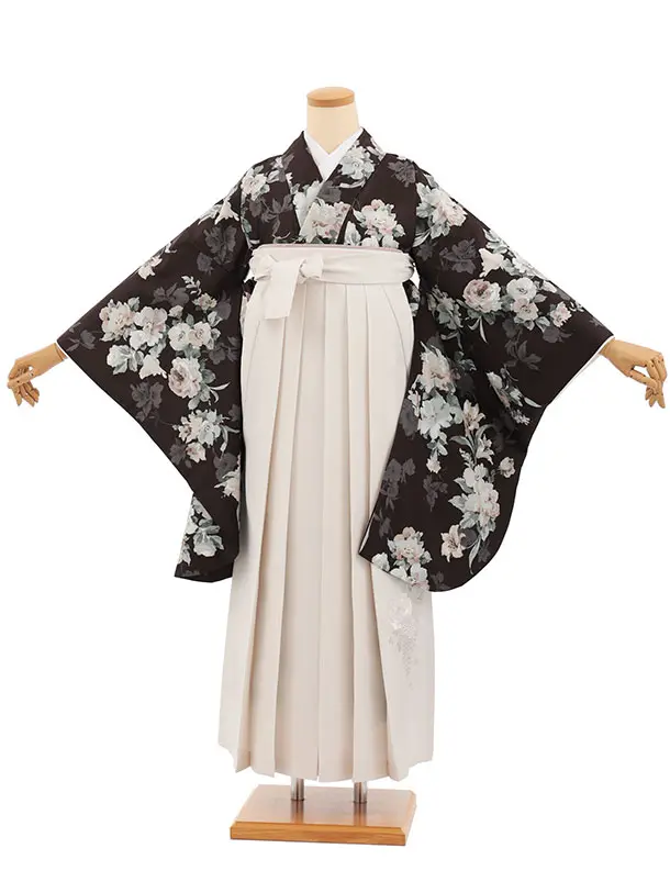 小学生卒業式かんたん袴(女の子) Z834 ブラウンパステル花×アイボリー
