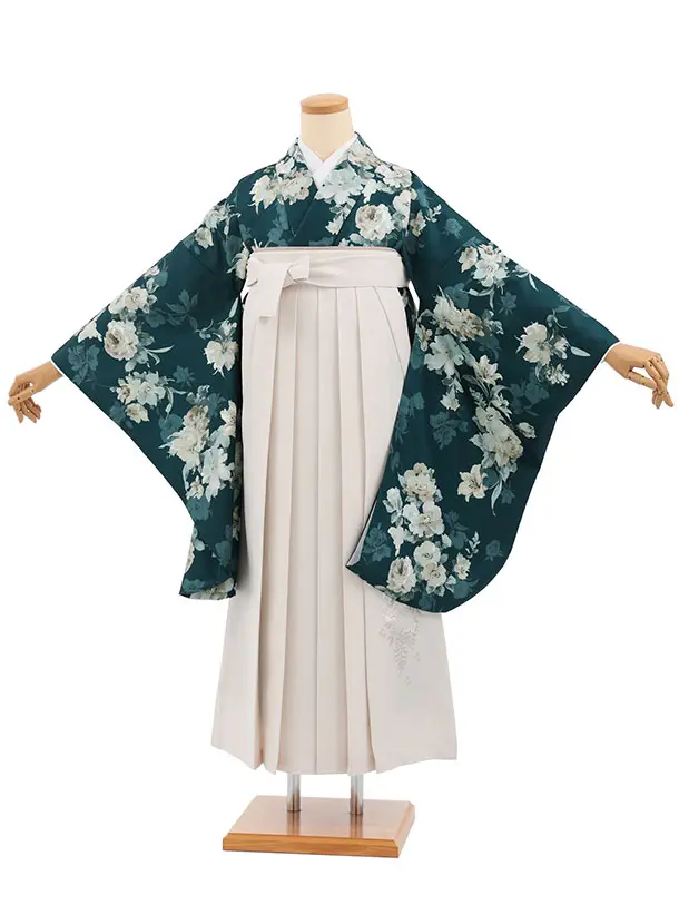 小学生卒業式かんたん袴(女の子) Z835 グリーンパステル花×アイボリー