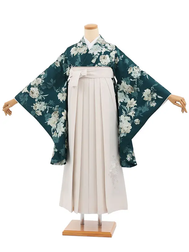 小学生卒業式かんたん袴(女の子) Z836 グリーンパステル花×アイボリー