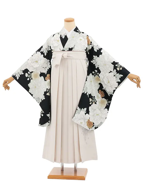 小学生卒業式かんたん袴(女の子) Z837 黒牡丹×アイボリー