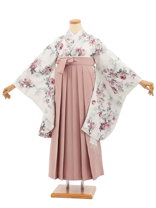 小学生卒業式かんたん袴(女の子) Z838 オフホワイトパステル花×モーヴピンク