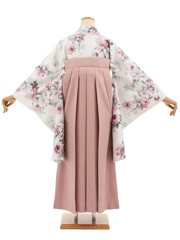 小学生卒業式かんたん袴(女の子) Z838 オフホワイトパステル花×モーヴピンク