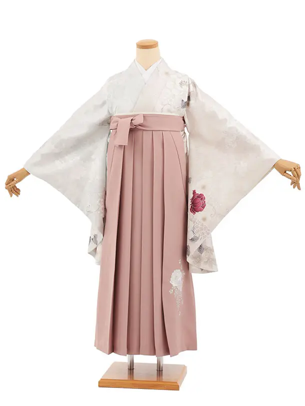 小学生かんたん袴(女の子) Z839 薄ベージュグレー染め分け花×モーヴピンク