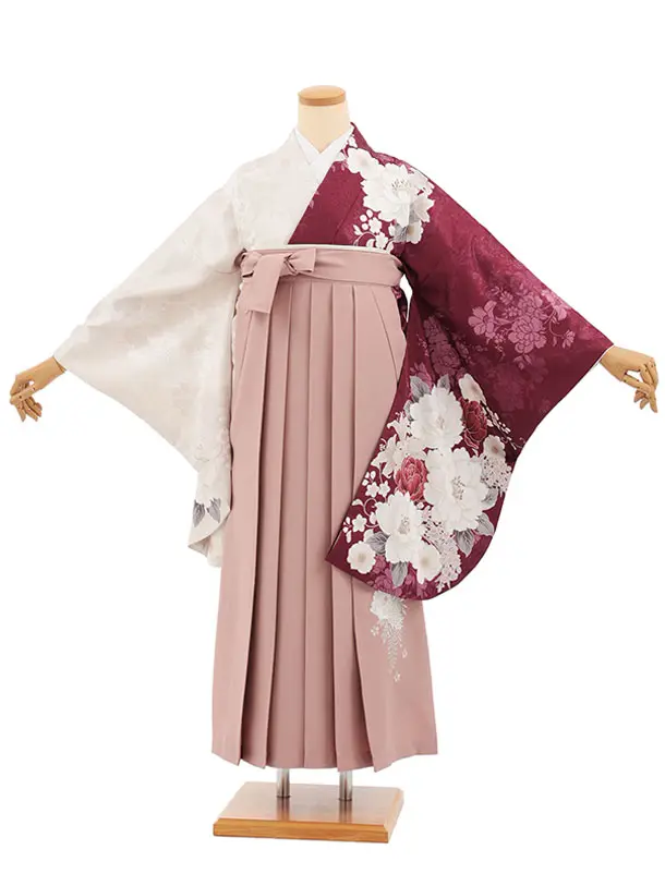 小学生かんたん袴(女の子) Z840 ボルドー薄ベージュ染め分け花×モーヴピンク