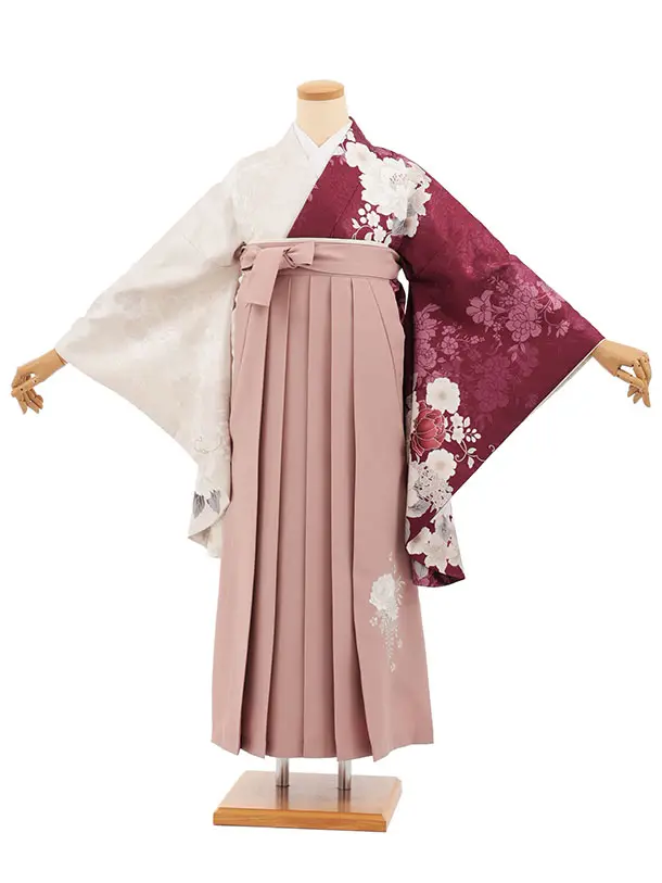 小学生かんたん袴(女の子) Z840 ボルドー薄ベージュ染め分け花×モーヴピンク