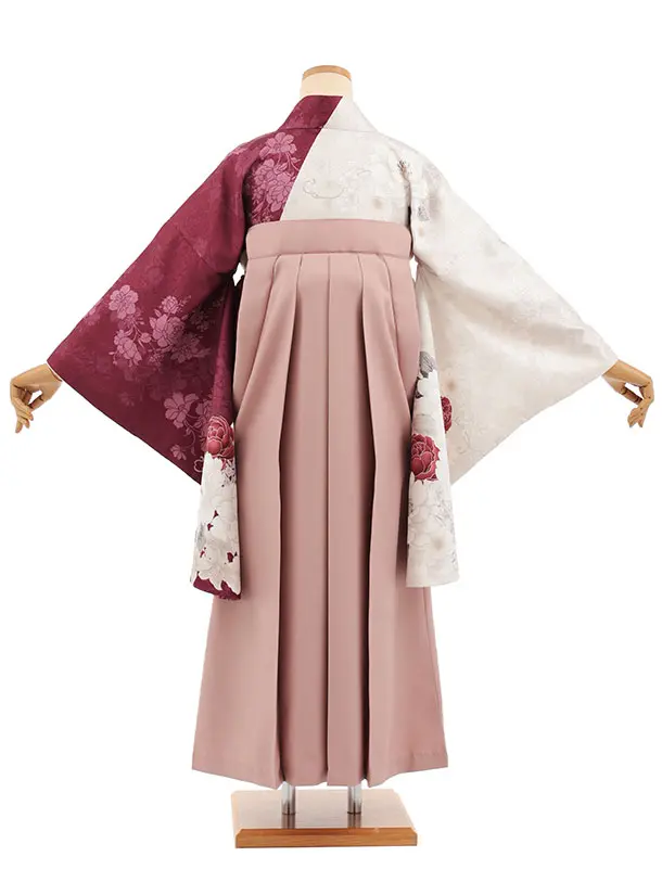 小学生かんたん袴(女の子) Z840 ボルドー薄ベージュ染め分け花×モーヴピンク