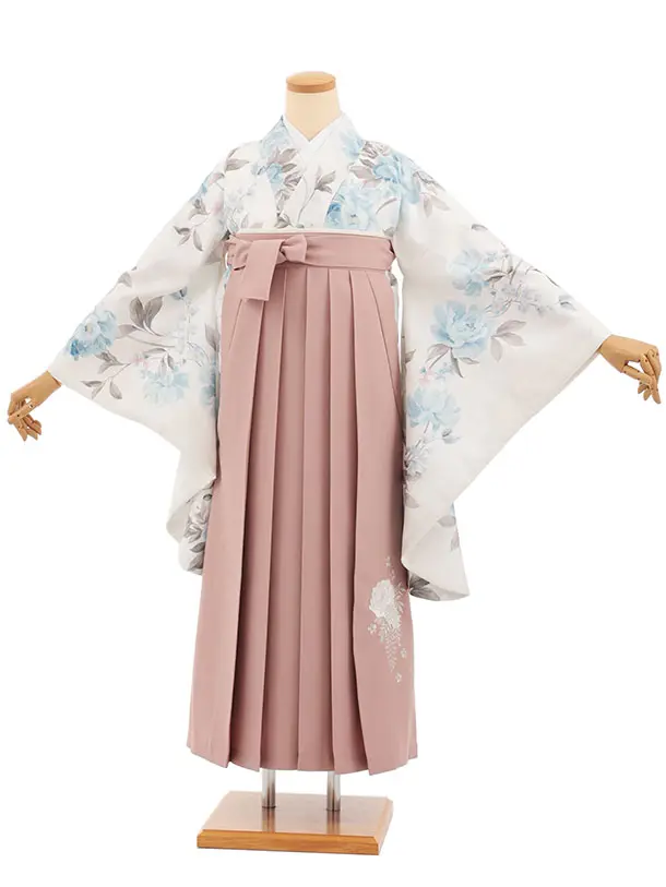 小学生卒業式かんたん袴(女の子) Z841 薄ベージュパステル牡丹×モーヴピンク