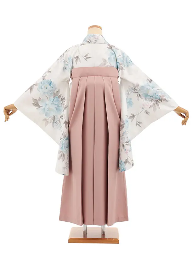 小学生卒業式かんたん袴(女の子) Z841 薄ベージュパステル牡丹×モーヴピンク
