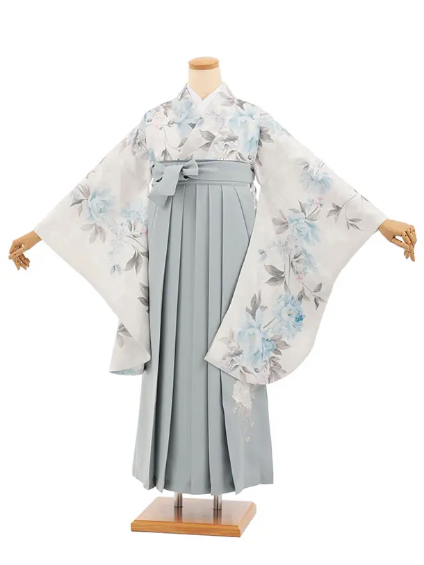 小学生卒業式かんたん袴(女の子) Z843 薄ベージュパステル牡丹×薄グレー