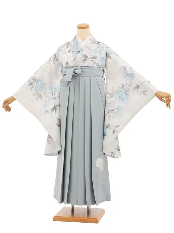 小学生卒業式かんたん袴(女の子) Z843 薄ベージュパステル牡丹×薄グレー
