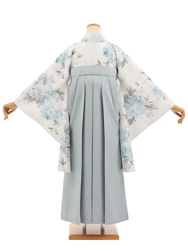 小学生卒業式かんたん袴(女の子) Z843 薄ベージュパステル牡丹×薄グレー