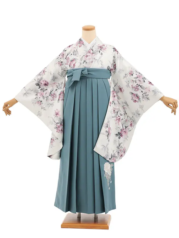 小学生卒業式かんたん袴(女の子) Z844 オフホワイトパステル花×ブルーグレー