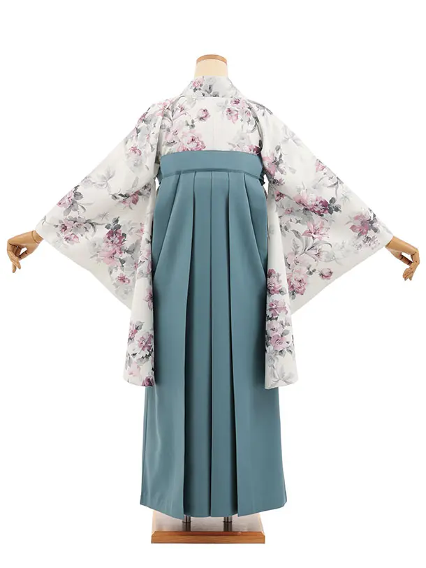 小学生卒業式かんたん袴(女の子) Z844 オフホワイトパステル花×ブルーグレー