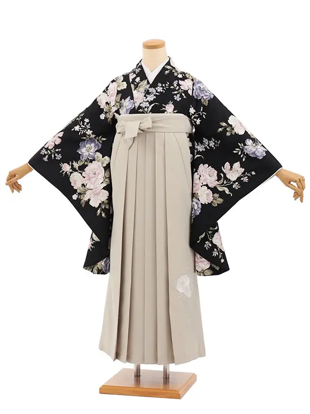 小学生卒業式かんたん袴(女の子) Z845 黒地ポピー×ベージュ