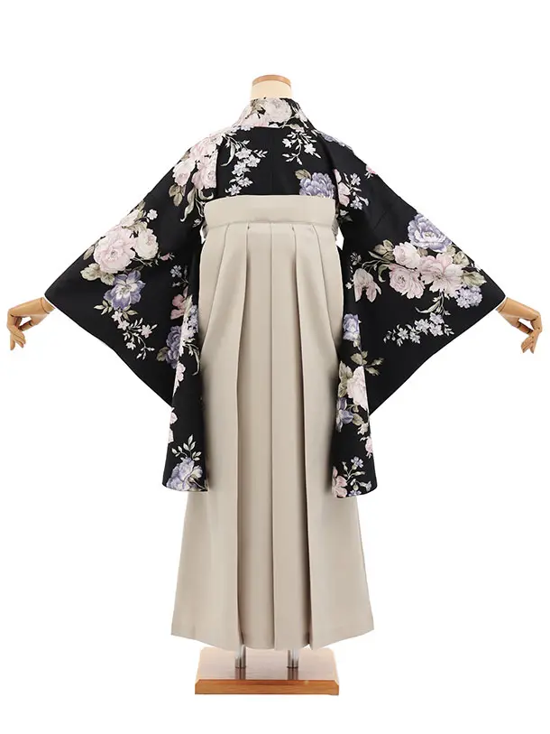 小学生卒業式かんたん袴(女の子) Z845 黒地ポピー×ベージュ