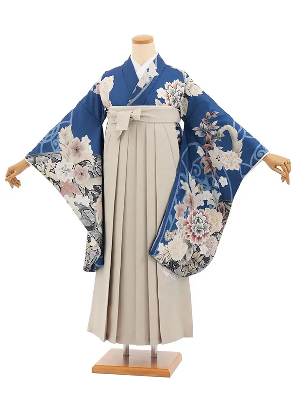 小学生卒業式かんたん袴(女の子) Z846 ブルー花×ベージュ