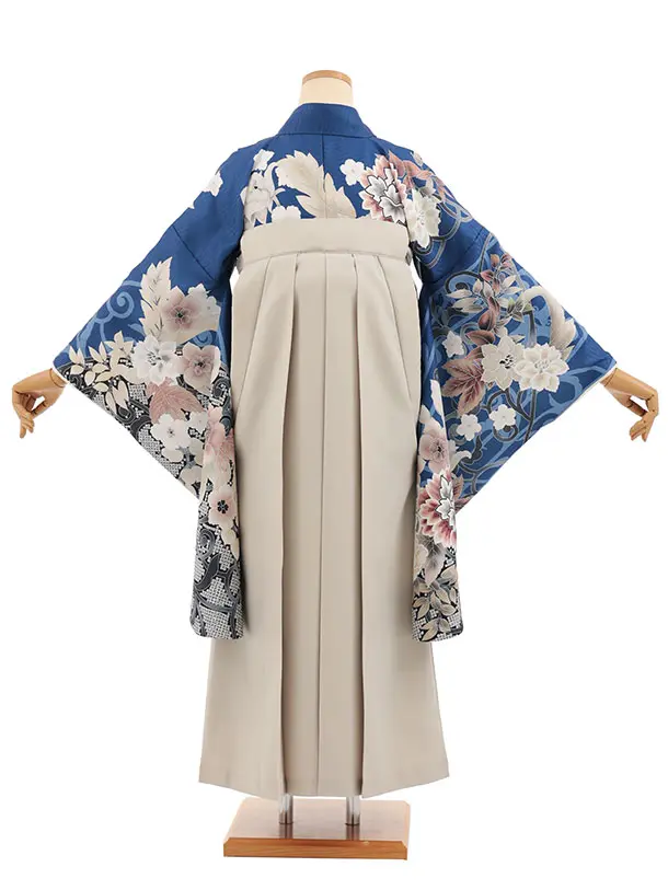 小学生卒業式かんたん袴(女の子) Z846 ブルー花×ベージュ